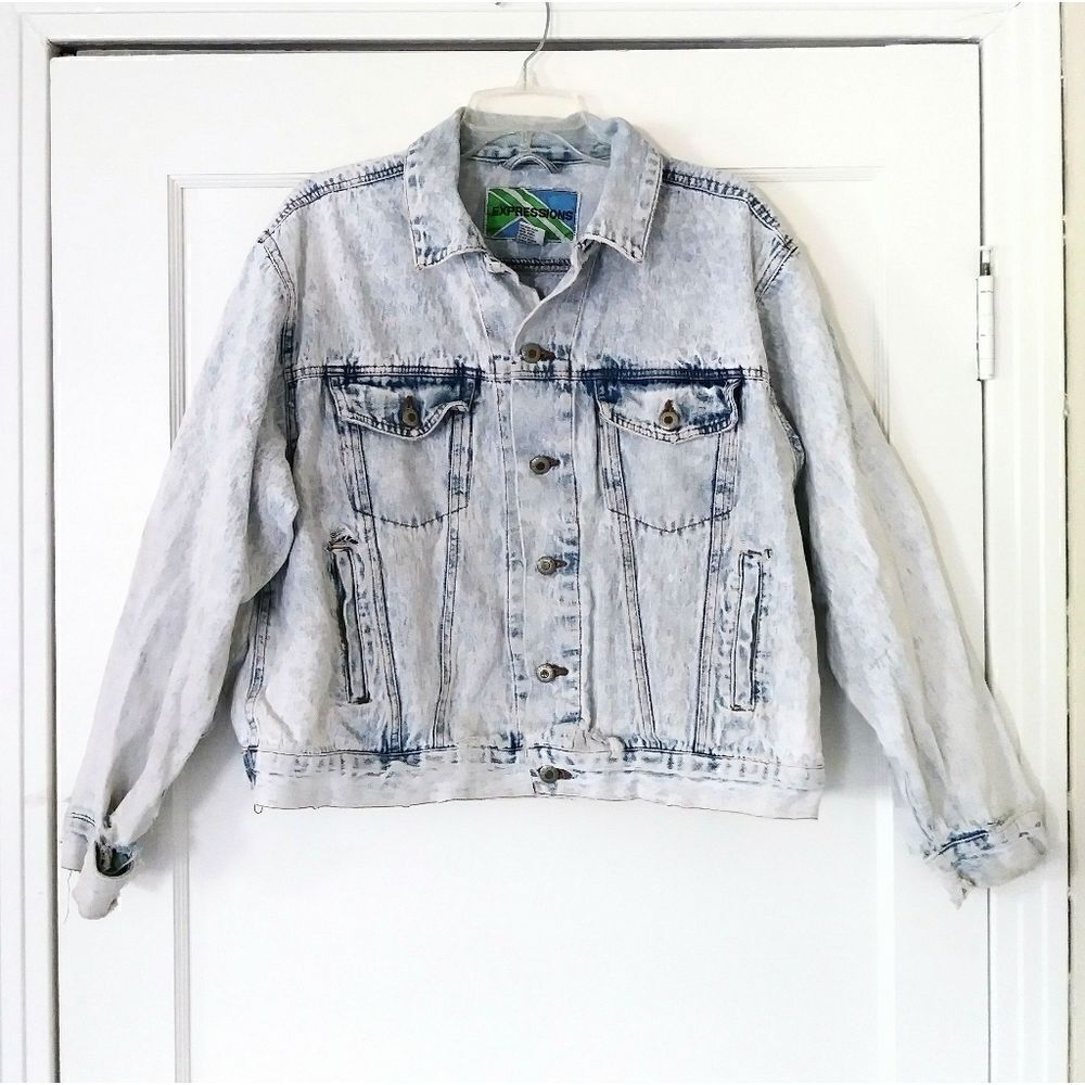 Vintage Expressions Acid Wash Light Wash Distressed Ripped Denim Jacket Size XL